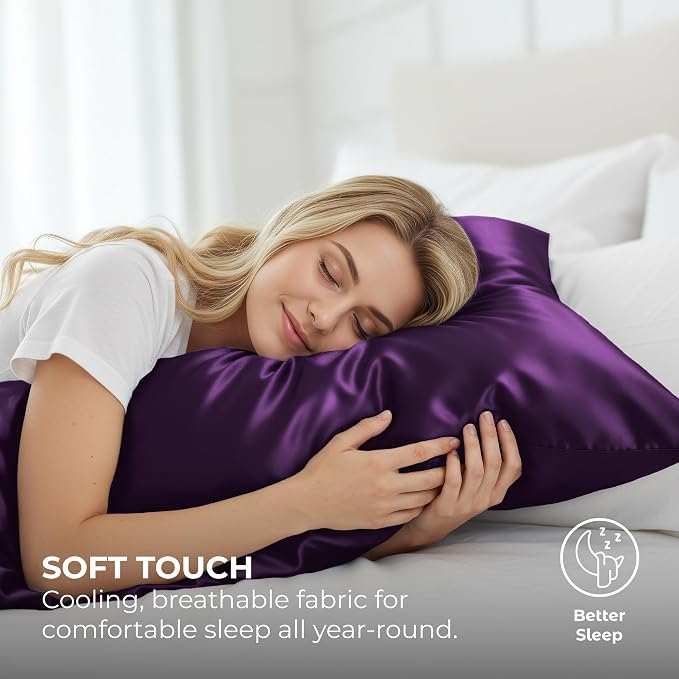 Pure Bedding Satin Pillowcase 2 Pack - Queen Size (20"x30", Purple) - Silky Pillow Cases for Hair and Skin - Satin Pillow Covers with Envelope Closure - Extra Soft Premium Microfiber