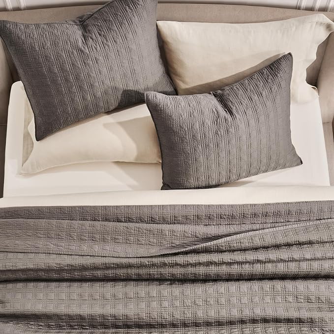 EVERGRACEHOME Cotton Sateen Windowpane Quilt Set Queen Size, Mocha Brown | 100% Cotton, Pre-Washed Soft Coverlet Bedspread, 3-Piece Lightweight Bedding Set for All Season, with 2 Pillow Shams