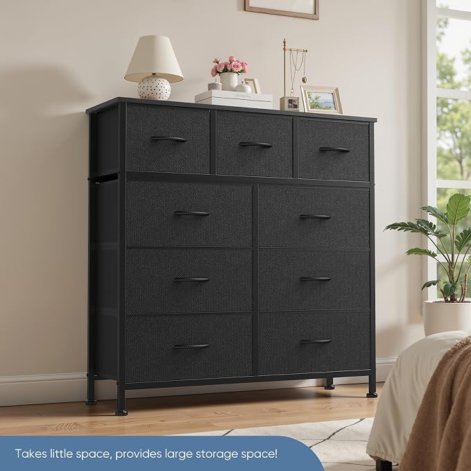 DUMOS 9 Drawer Dresser for Bedroom, Chest of Drawers | Fabric Storage Organizer, Sturdy Metal Frame Wooden Top, Closet Entryway Guest Room, Matte Black