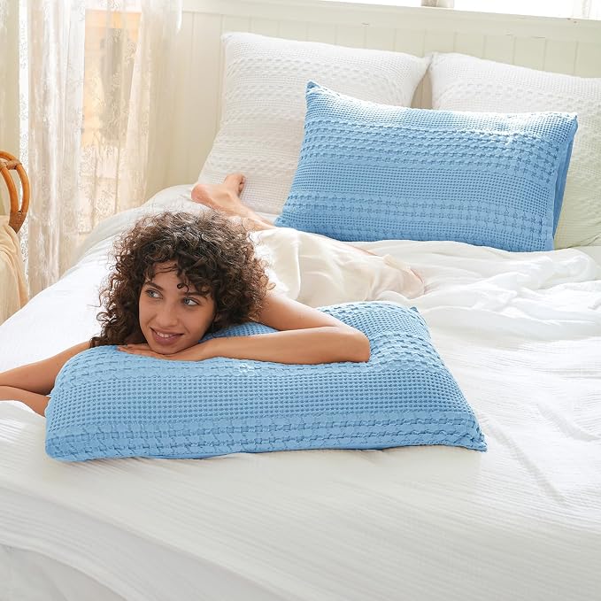 PHF Waffle Weave Pillow Shams King Size, 8 Pack 100% Cotton Pillowcases 20" x 36", No Insert, Soft & Breathable Aesthetic Woven Pillow Case Covers for Bedroom Decor, Sky Blue