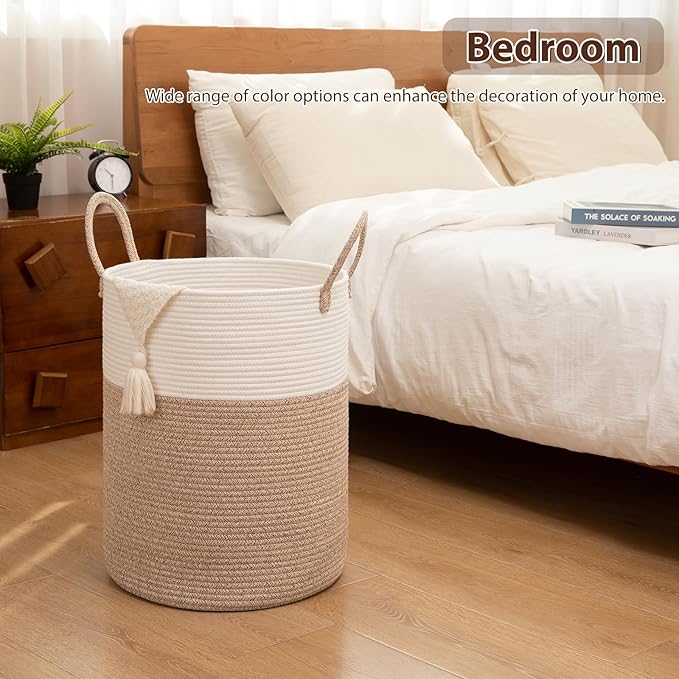 OIAHOMY 100L Nursery Hamper Laundry Basket Laundry Hamper Brown/White | collapsible Blanket Basket Cotton Rope Woven Basket Dirty Clothes Hamper Baby Hamper Tall Clothes Hamper with Handles