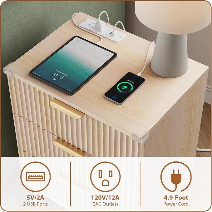 Wood Nightstands Set of 2 w/Charging Station, 3 Drawers Fluted Dresser | Natural, Large Drawers, Metal Silent Rails, FSC Wooden, Sturdy Legs, Modern Fluted Panel, Living Room, Bedside Table