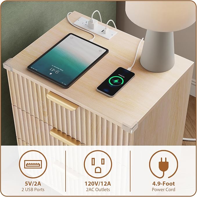 Lulive Wood Bedside Table w/Charging Station, 3 Drawers Fluted Dresser | Natural, Large Drawers, Metal Silent Rails, FSC Wooden, Sturdy Legs, Modern Fluted Panel, Living Room, Bedside Table
