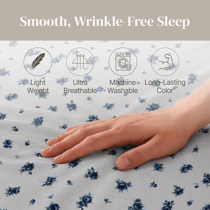Modern Threads 3-Piece Ultra Soft Microfiber Bed Sheets Set, Wrinkle Free Sheets with Deep Pockets Fitted Sheet, Flat Sheet & Pillowcases, Lightweight Breathable Bedding, Blue Roses, Twin