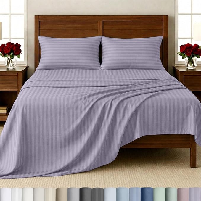 California Design Den 100% Cotton Sateen Queen Size Bedsheets, 4 Pc Set | Soft 500 Thread Count Backed by Good Housekeeping Seal, 16" Deep Pocket, All-Around Elastic, Easy Care - Lavender Striped