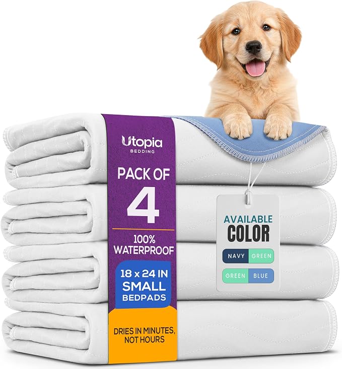 4 Pack Washable Pee Pads for Dogs 18" x 24", Waterproof Dog Training Pads | Reusable Dog Training Pads for Sofa, Incontinence Bed Pads for Adults, Elderly and Kids (White,Blue) by Utopia Bedding
