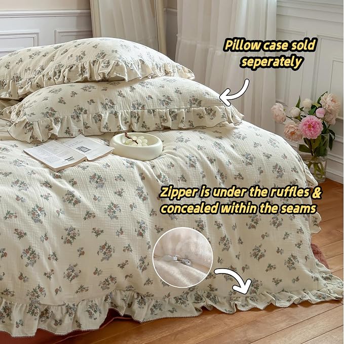 Vintage Floral Duvet Cover Twin for Girls, Shabby Chic Quilt Cover Ruffled Kids Bedding, 100% Cotton Muslin, Soft Breathable, 68"x86", Zipper Closure, No Pillowcase
