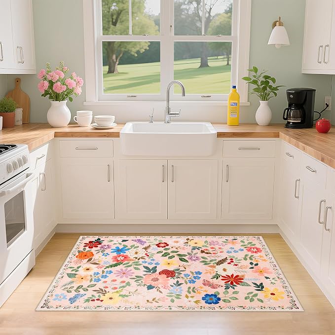 PLHXFR 2x3 Small Entryway Rug: Floral Washable Indoor Soft Carpet Beige | For Entrance, Bedroom, Kitchen, Laundry, Bathroom,Door Mat,Vintage Floral,Machine washable,Non-Slip,Stain Resistant,Indoor