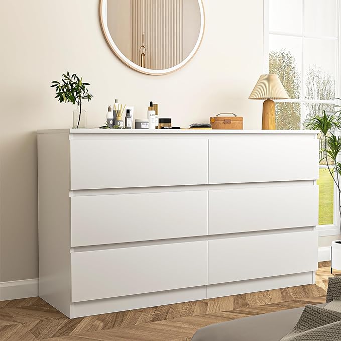 Vibe & Dine White Dresser 6 Drawer, Modern Double Dresser for Bedroom, Wood Chest of Drawers with Wide Storage for Living Room