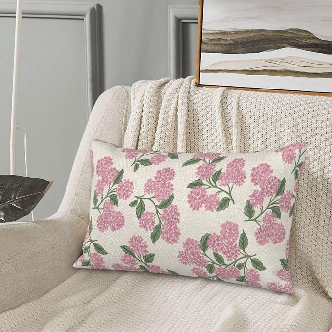 Preppy Pink Pillow Covers 12x20 Inch 2 Pcs Green Hydrangea Flower Decor Throw Pillows Vintage Floral Seasonal Spring Summer Outdoor Decoration Pillowcase Linen Cushion Cover for Couch Sofa