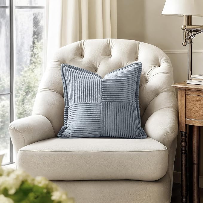 MIULEE Decorative Throw Pillow Covers for Couch 18x18 Inch Dustyblue 2 Pack | Boho Broadside Striped Patchwork Pillow Covers, Soft Corduroy Cushion Cases, For Sofa Bed Livingroom Home Decor