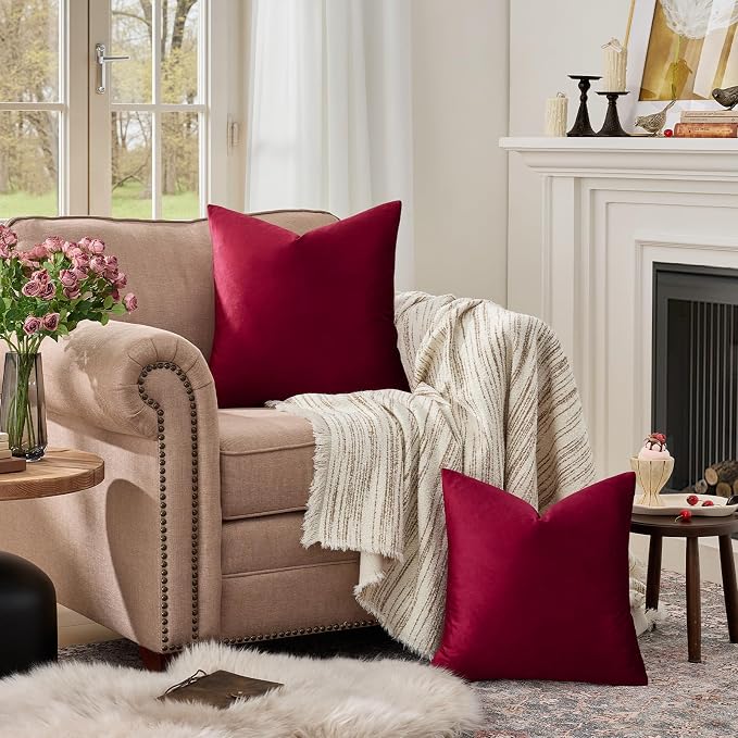 GIGIZAZA Burgundy Velvet Pillow Covers 16x16 Decorative Pillows Pack of 2 | Red Throw Pillows for Couch Sofa,280gsm Soft Textured Fabric,Modern Square Pillowcases,Luxury Cushion Covers
