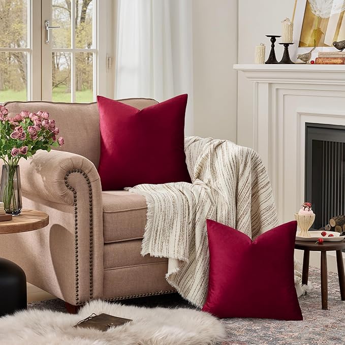 GIGIZAZA Burgundy Velvet Pillow Covers 24x24 Decorative Pillows Pack of 2 | Red Throw Pillows for Couch Sofa,280gsm Soft Textured Fabric,Modern Square Pillowcases,Luxury Cushion Covers