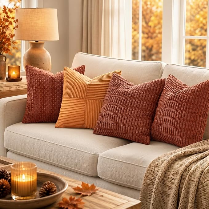 MIULEE Fall Euro Sham Decorative Throw Pillow Covers 26x26 Rust Pack of 2 | Terracotta Soft Corduroy Boho Striped Pillow Covers Modern Farmhouse Autumn Home Decor For Sofa Living Room Couch Bed