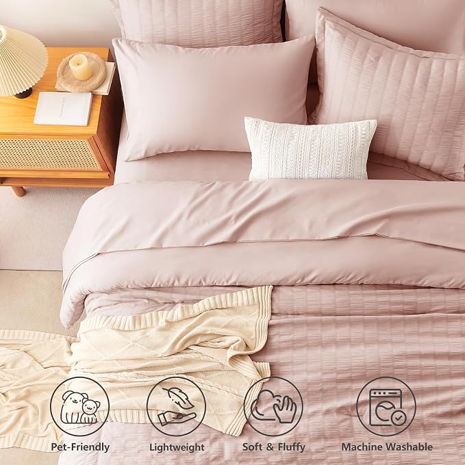 Full Size Comforter Sets 7 Pieces Rose Gold Seersucker Bed in a Bag | OEKO-TEX Certified, All Season Bedding Set with 240 GSM Down Alternative Comforter, Flat & Fitted Sheets, Pillowcases & Shams