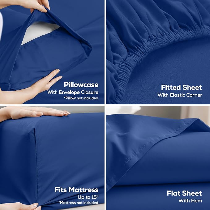 King Sheets Set, 4 Pieces 16" Deep Pocket Hotel Luxury Sheets, Royal Blue | Extra Soft Bedsheet Set, Comfy & Breathable Cooling Sheets, Wrinkle & Fade Resistant, Fitted Sheet, Flat Sheet, 2 Pillowcases