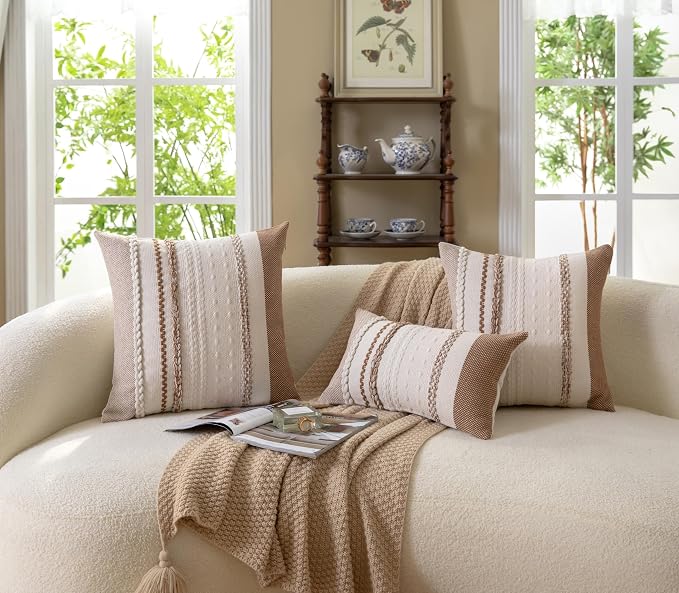Cethom Boho Throw Pillow Covers 12x20 Inch Set of 2, Brown Textured Decorative Couch Pillow Cases for Farmhouse Home Decor, Accent Cushion Cover for Sofa, Bed, Living Room, Bedroom