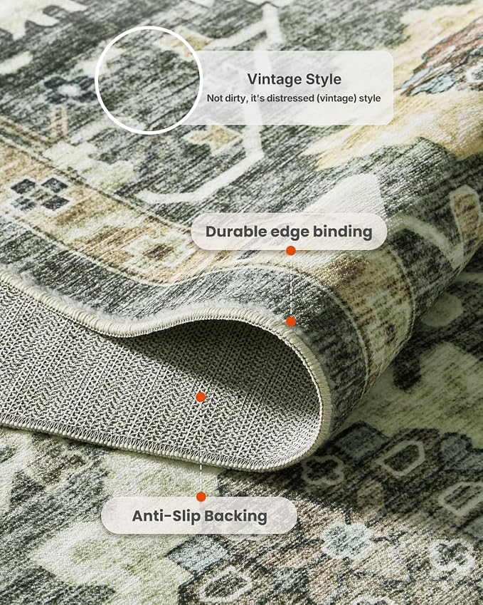 AMADA HOMEFURNISHING 9x12 Washable Area Rug, Low-Profile Large Area Rug with Non-Slip Backing & Durable Edge Binding, Vintage Large Rugs for Living Room, Bedroom & Dining Room