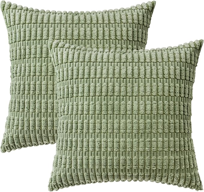 MIULEE Corduroy Decorative Throw Pillow Covers 20x20 Sage Green Pack of 2 | Soft Boho Striped Pillow Covers Modern Farmhouse Home Decor For Sofa Living Room Couch Bed