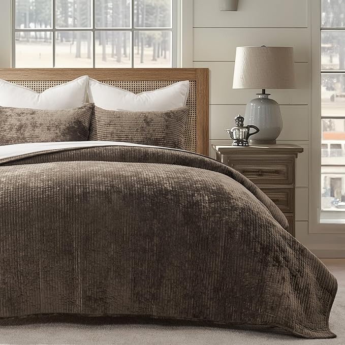 EverGrace Striped Channel Velvet Quilt Set, Queen Size, Mushroom Brown | Luxurious Soft Lightweight Velvet Comforter, Oversized Bedspread Coverlet, Quilted Bedding Set for All Season, with 2 Shams