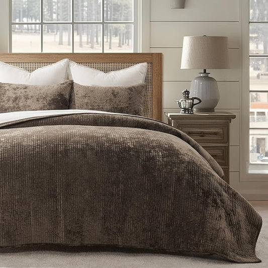 EverGrace Striped Channel Velvet Quilt Set, King Size, Mushroom Brown | Luxurious Soft Lightweight Velvet Comforter, Oversized Bedspread Coverlet, Quilted Bedding Set for All Season, with 2 Shams