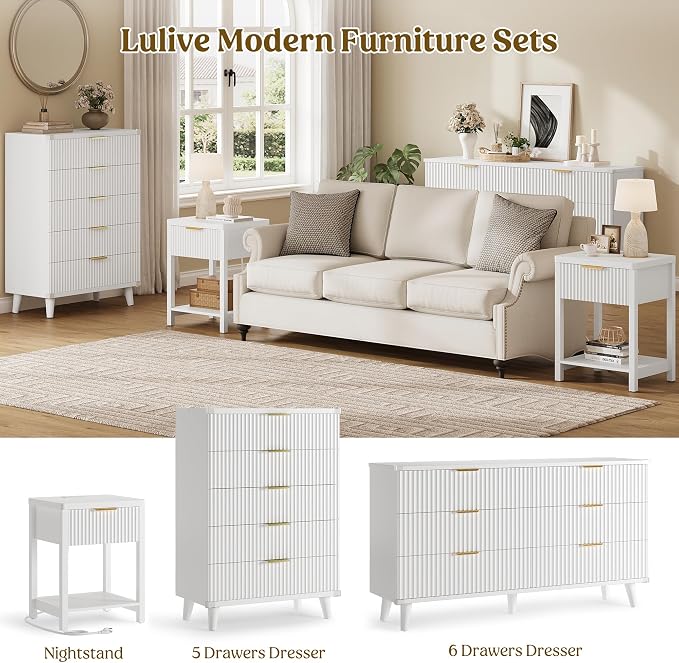 Night Stand Set 1, Fluted Wood Bedside Table w/Socket Station for Bedroom | White, Storage Drawer, Open Shelf, Metal Silent Rails, Round Corners, Modern Fluted Panel, Living Room, Bedside Table