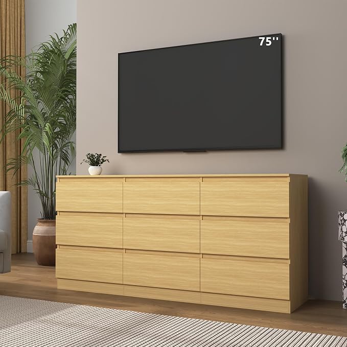 Vibe & Dine 9 Drawer Dresser, Modern Long Dresser for Bedroom, Wood Chest of Drawers with Wide Storage for Living Room, Natural Wood