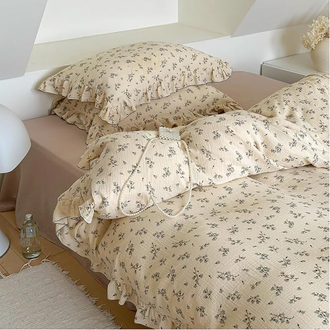 Muslin Duvet Cover Queen, Chic Ruffles Comforter Cover 90"x90",Princess Girls Teens Bedding Double-Layer Gauze Cotton Quilt Covers with Zipper Closure, Hyacinth Print, No Pillow Case