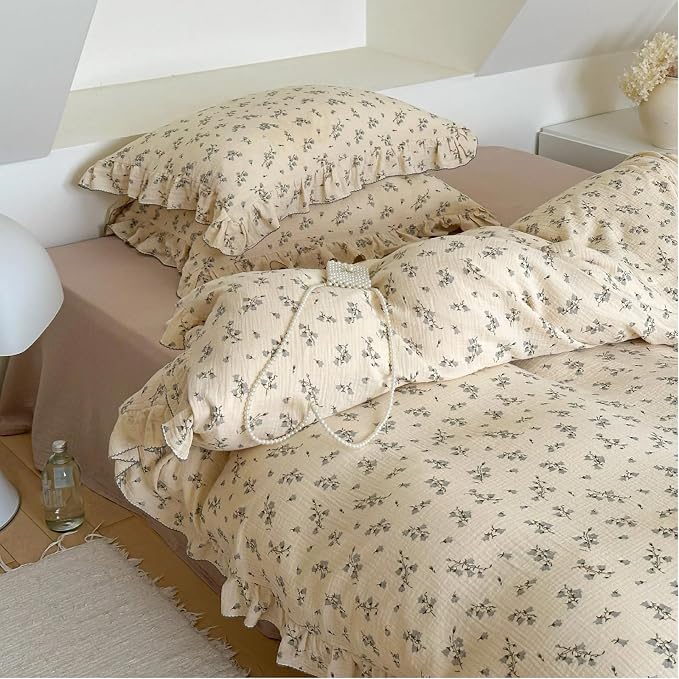 Chic Shabby Vintage Floral Duvet Cover Twin for Kids Girls Boys 100% Cotton Muslin Ruffled Quilt Cover Twin, 68"x86", Hyacinth Print, Soft Breathable, Zipper Closure, No Pillowcase