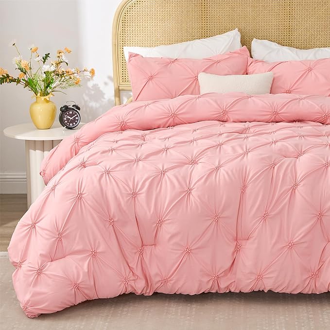 BEDELITE Queen Comforter Set Pink,Lightweight & Soft Comforter | Pintuck Boho Bedding, Warm & Cute Bed Set for All Season,With 2 Pillowcases