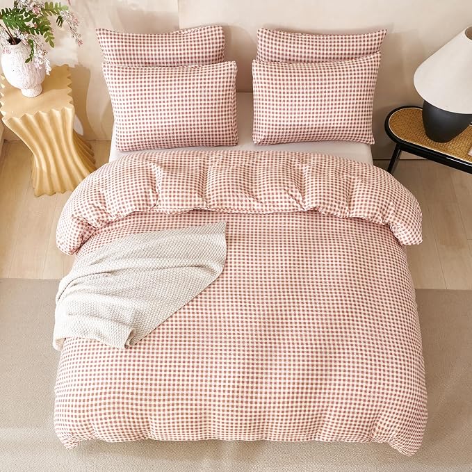 Brown Comforter Set King Soft Luxury Washed Microfiber 3 Pieces Bedding, White Brown Grid Pattern Comforter with 2 Pillowcases Breathable Durable Comfy