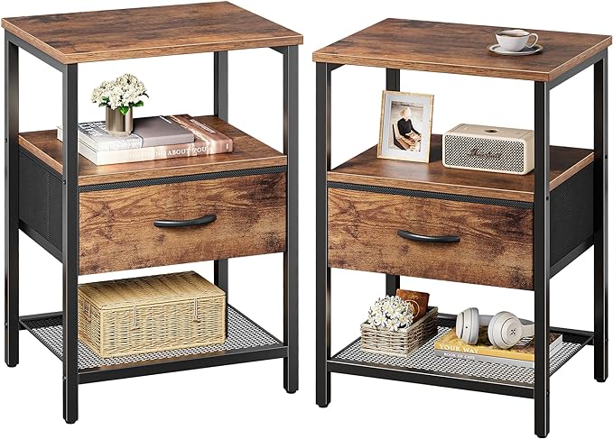 Huuger Nightstand Set of 2, Night Stand with Fabric Drawer, Mesh Shelf | Side Table with Storage, Fabric Drawer Dresser, Open Shelf, Metal Frame, Bedroom, Rustic Brown