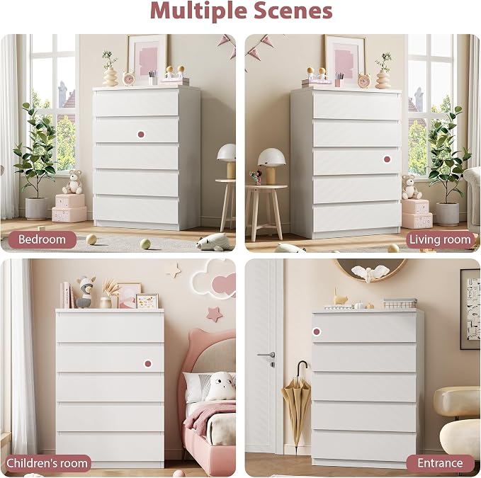 5 Drawer Dresser for Bedroom, White Dresser Chest of Drawers, Tall Dressers for Bedroom with Handleless Drawers, 15" D x 23.7" W x 40.4" H Storage Dressers for Living Room, Hallway and Entryway-White