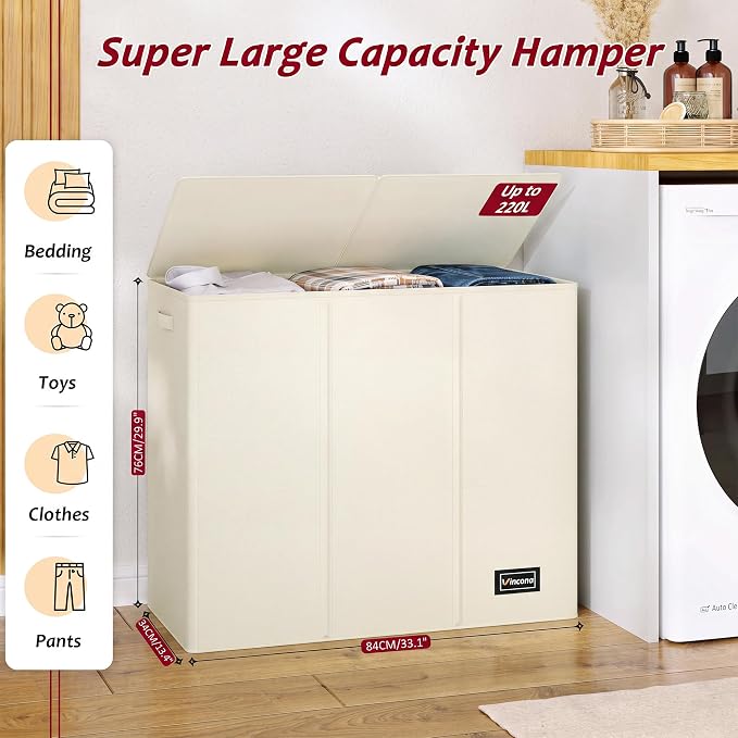 220L Laundry Hamper 3 Section,Large Laundry Hamper with Lid,Dirty Clothes Hamper with 3 Inner Bags,Collapsible Laundry Basket Organizer for Laundry Room,Bedroom,Laundry Sorter Hamper 3 Compartment