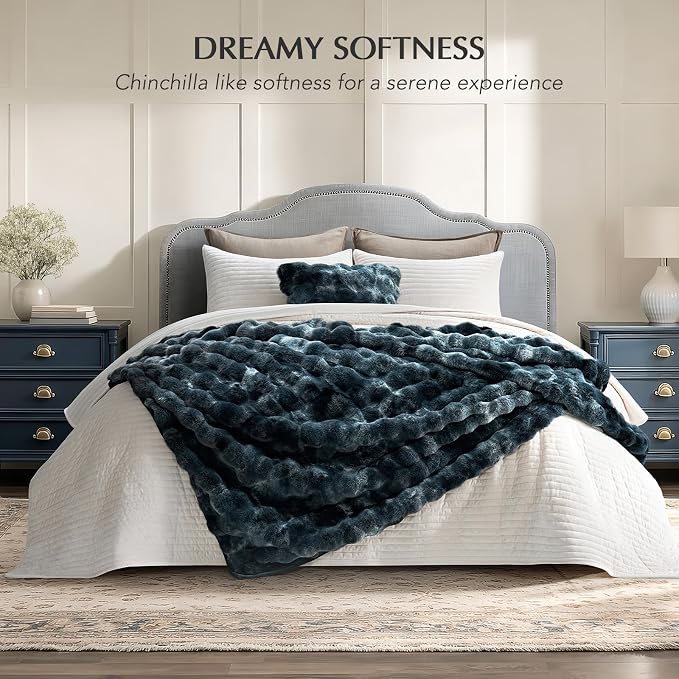 EverGrace Faux Rabbit Fur Bubble Throw Blanket, 60"x80", Marble Deep Indigo | Ultra Soft, Luxury Faux Rabbit Fur Throw, Thick Warm Bubble Blanket, Cozy Fluffy Reversible, for Bed, Couch, Chair, Sofa