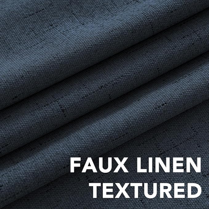 H.VERSAILTEX Linen Curtains 100% Blackout Curtains for Bedroom 90 inch Long Full Light Blocking Nature Linen Blended Window Curtains for Living Room Nickel Grommet (2 Panels, Navy)