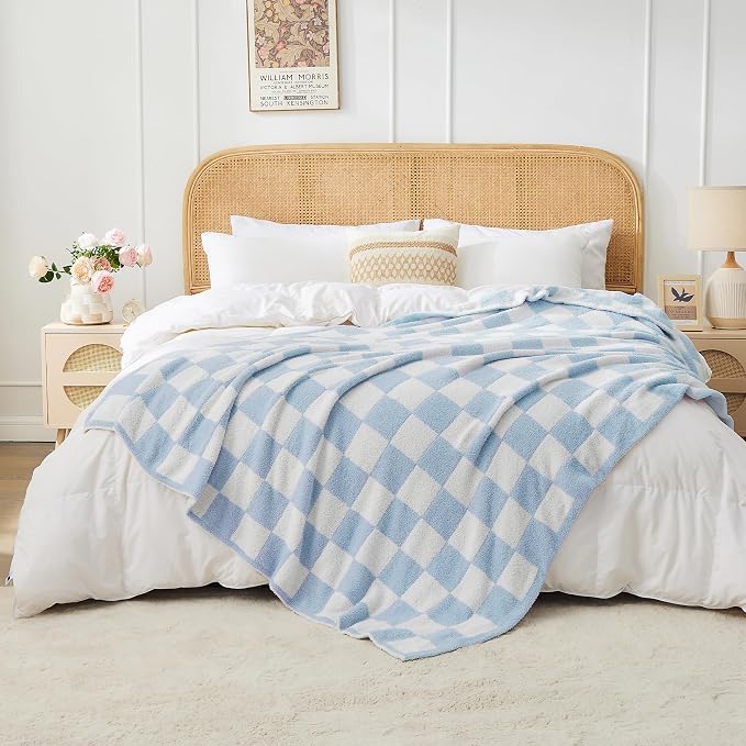 Checkered Throw Blanket Soft & Cozy Blanket for Bed, Couch, and Sofa Lightweight Stylish Versatile Blanket Home Decor for All Seasons Throws Blanket Dusty Blue 50x60 Inches