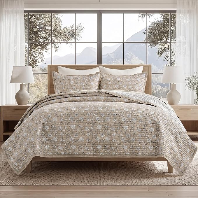 EverGrace 100% Cotton Floral Quilt Set, King Size, Sandstone Beige 108"×96" | Reversible Lightweight Bedspread Coverlet, Vintage Floral Farmhouse Bedding, Traditional Botanical Quilt with 2 Pillow Shams