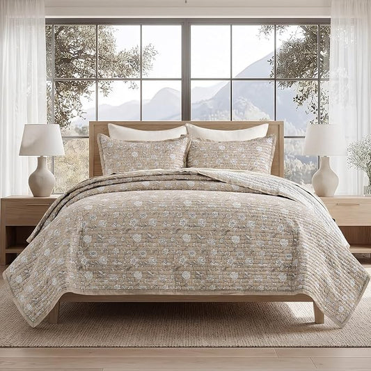 EverGrace 100% Cotton Floral Quilt Set, King Size, Sandstone Beige 108"×96" | Reversible Lightweight Bedspread Coverlet, Vintage Floral Farmhouse Bedding, Traditional Botanical Quilt with 2 Pillow Shams