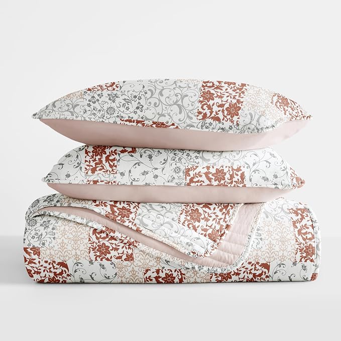 Merit Linens Soft Quilt Coverlet Bedding Set - Pattern/Solid Reversible - King/Cal-King Blush