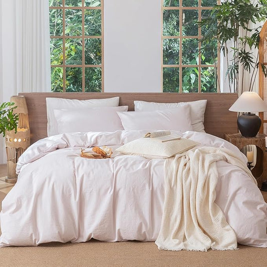 MooMee Striped Duvet Cover Set 100% Washed Cotton Linen Like Oversized King | Relaxed Linen-like Texture. Soft, Breathable & Long-lasting Comfort. Lightweight. Hidden Zipper with 8 Interior Corner Ties