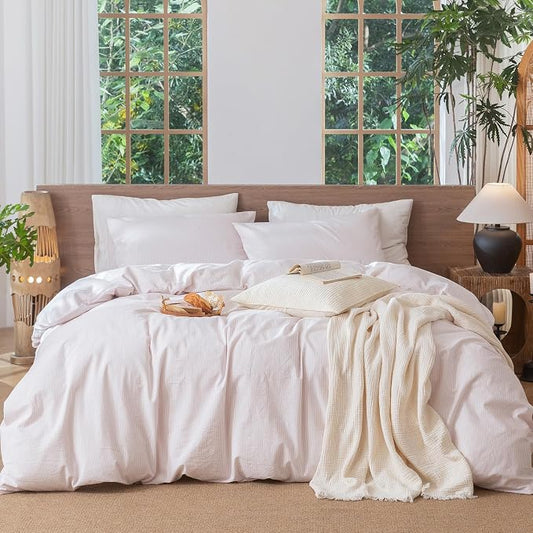 MooMee Striped Duvet Cover Set 100% Washed Cotton Linen Like Twin | Relaxed Linen-like Texture. Soft, Breathable & Long-lasting Comfort. Lightweight. Hidden Zipper with 8 Interior Corner Ties