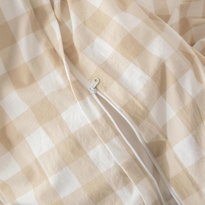 BESTOUCH Gingham Cotton Duvet Cover Set Almond Grey King | Washed Cotton, Linen Feel, Soft Wrinkle Texture, Hidden Zipper, 8 Ties, Breathable Lightweight Durable Comfy, 3 Pcs No Insert