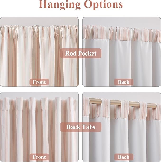 ZJDECOR White Cotton Blended Full Blackout Curtains with Pink Stripes | Modern Bedroom Living Room Drapes,Thermal Insulated Window Treatment,Back Tabs Rod Pocket,55"Wx72"L(Pack of 2)