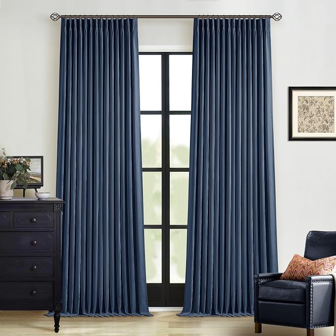 Navy Blue Blackout Linen Curtains 108 Inches Long for Bedroom Pinch Pleated | 100% Black Out Curtains Lined 2 Layers, Memory Shape, Noise Reducing, Room Darkening, for Living Room Window, 40x108 2 Panels
