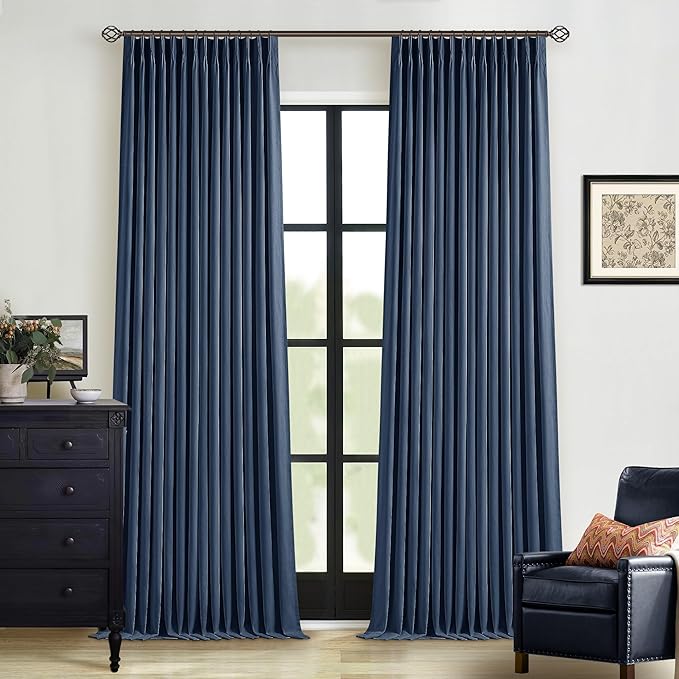 Indigo Navy Pleated Linen Blackout Curtains 90 Inches Long for Bedroom | 100% Black Out Thermal Insulated, Pinch Pleat with Ring Hooks Back Tab, Room Darkening Drapes with Liner, for Living Room