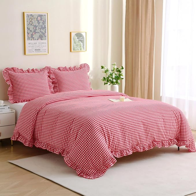 Silnuo Red/White Gingham Plaid Ruffle 3-Piece Duvet Cover Set Queen Size | 100% Washed Cotton Shabby Checkered Bedding Set Farmhouse Comforter Cover Set(Queen,Red)