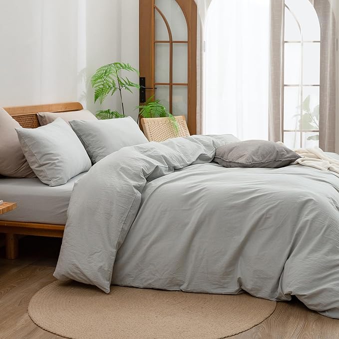 BESTOUCH Cotton Solid Duvet Cover Set Northern Droplet Grey Super King Plus | 100% Washed Cotton, Soft Wrinkle Texture, Hidden Zipper, 8 Ties, Breathable Lightweight Durable Comfy, 3 Pcs No Insert