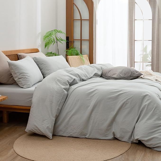 BESTOUCH Cotton Solid Duvet Cover Set Linen Feel Northern Droplet Grey King | 100% Washed Cotton, Soft Wrinkle Texture, Hidden Zipper, 8 Ties, Breathable Lightweight Durable Comfy, 3 Pcs No Insert