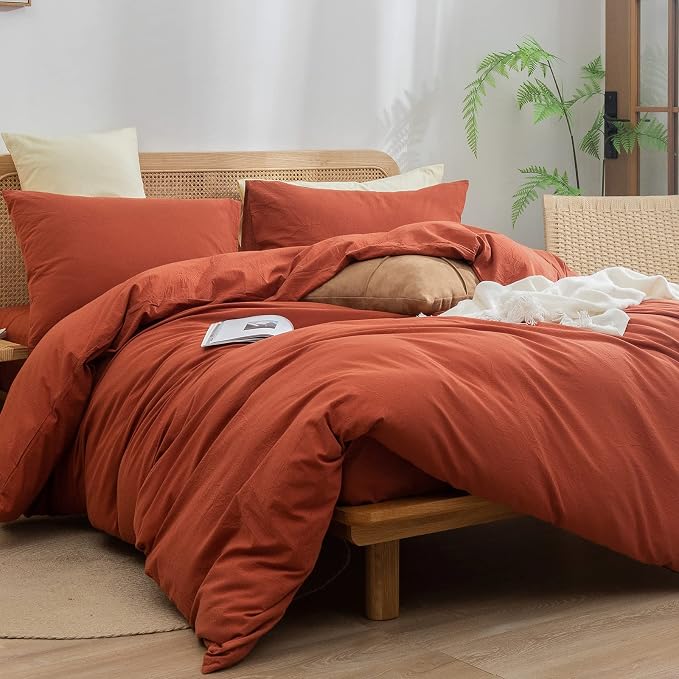 BESTOUCH Cotton Solid Duvet Cover Set Linen Feel Burnt Brick Red Full | 100% Washed Cotton, Soft Wrinkle Texture, Hidden Zipper, 8 Ties, Breathable Lightweight Durable Comfy, 3 Pcs No Insert